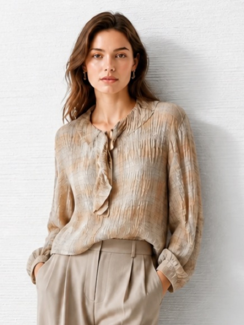 MASSIMO DUTTI Blouse Plaid Crepe Ruffle Ivory Beige Crinkle Long Sleeve XS